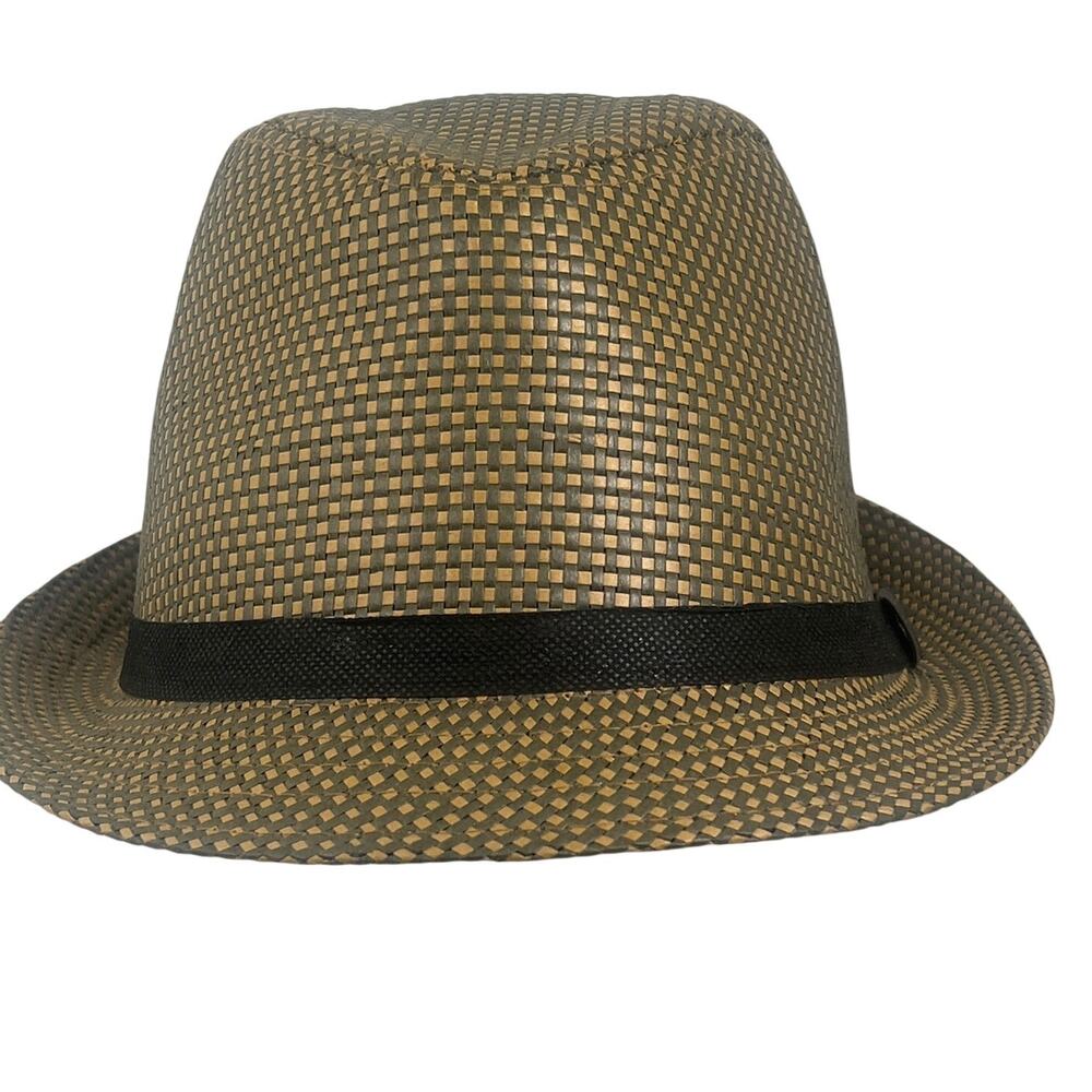 Eddie Bauer Brown Yellow Checkered Paper Straw Fedora Hat L/XL Inside Band 24"